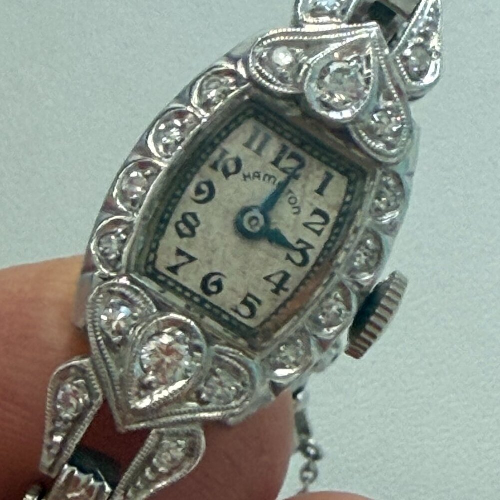 Stunning vintage14K white gold and diamond women's Hamilton wristwatch, working